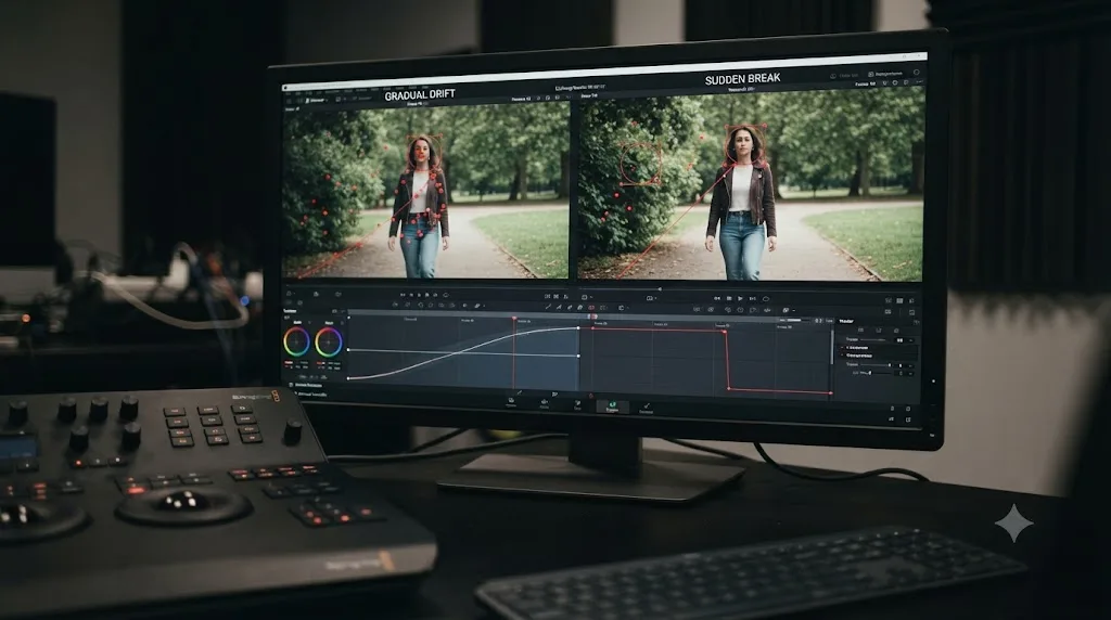 Illustration comparing gradual tracking drift to a sudden tracking break at one frame in DaVinci Resolve