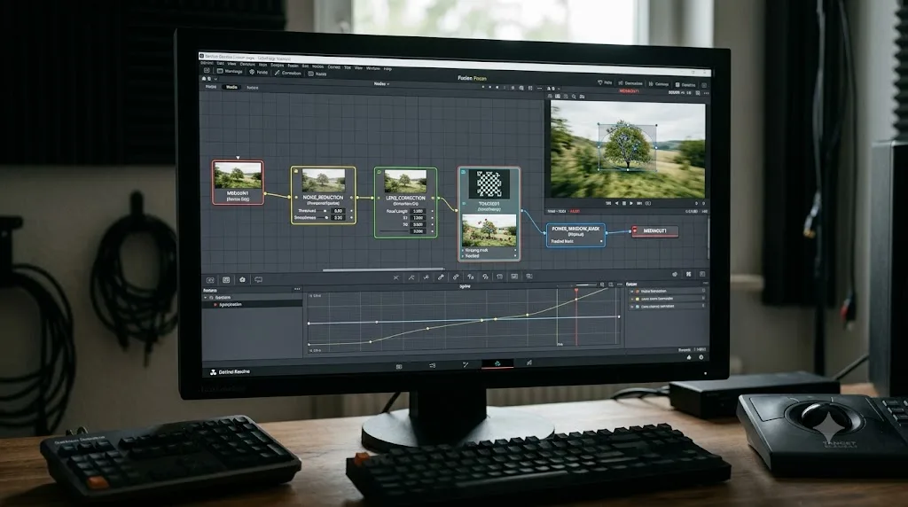 Illustration of noise reduction and lens correction nodes placed upstream of a tracker node in DaVinci Resolve