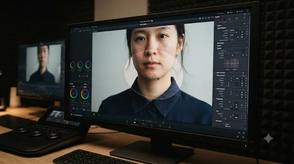 Illustration of a DaVinci Resolve tracking point being moved from smooth skin to a high-contrast collar seam