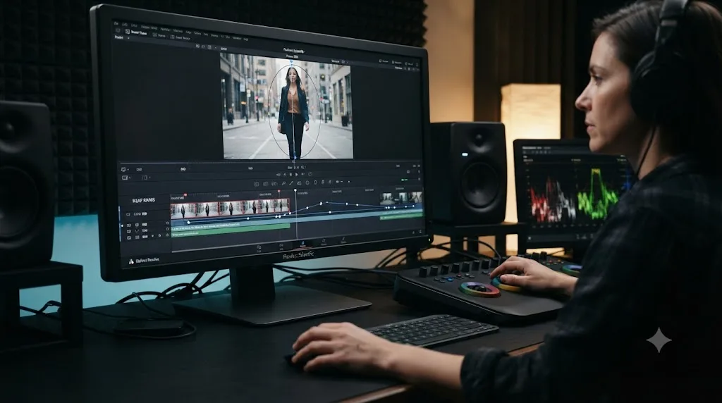 Illustration of a DaVinci Resolve tracker starting from a stable anchor frame and tracking forward and backward