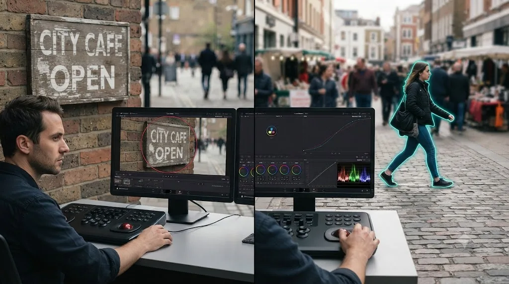 Illustration comparing a Power Window tracking a sign to Magic Mask tracking a moving person in DaVinci Resolve