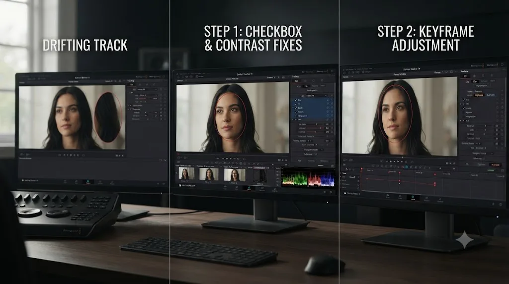 Illustration of a worked example fixing a drifting DaVinci Resolve Power Window track step by step