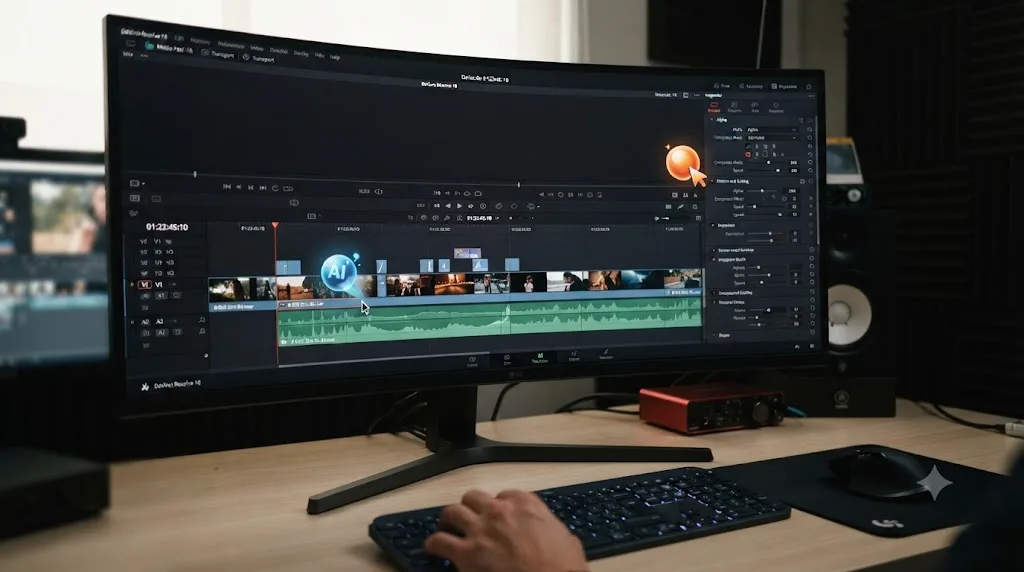 Illustration contrasting an AI agent actively editing a DaVinci Resolve timeline with an AI tutor icon that only points at a control