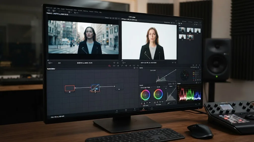 Illustration of a DaVinci Resolve Color page node graph showing one serial node used to match a clip to a reference frame