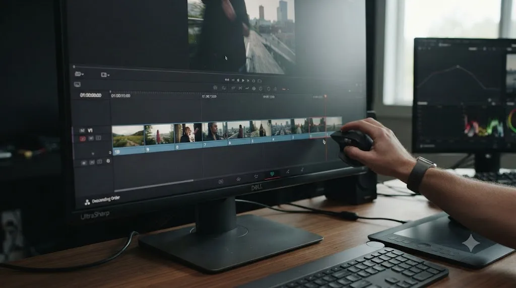Illustration of a DaVinci Resolve timeline showing ten numbered clips being reordered from descending to ascending count