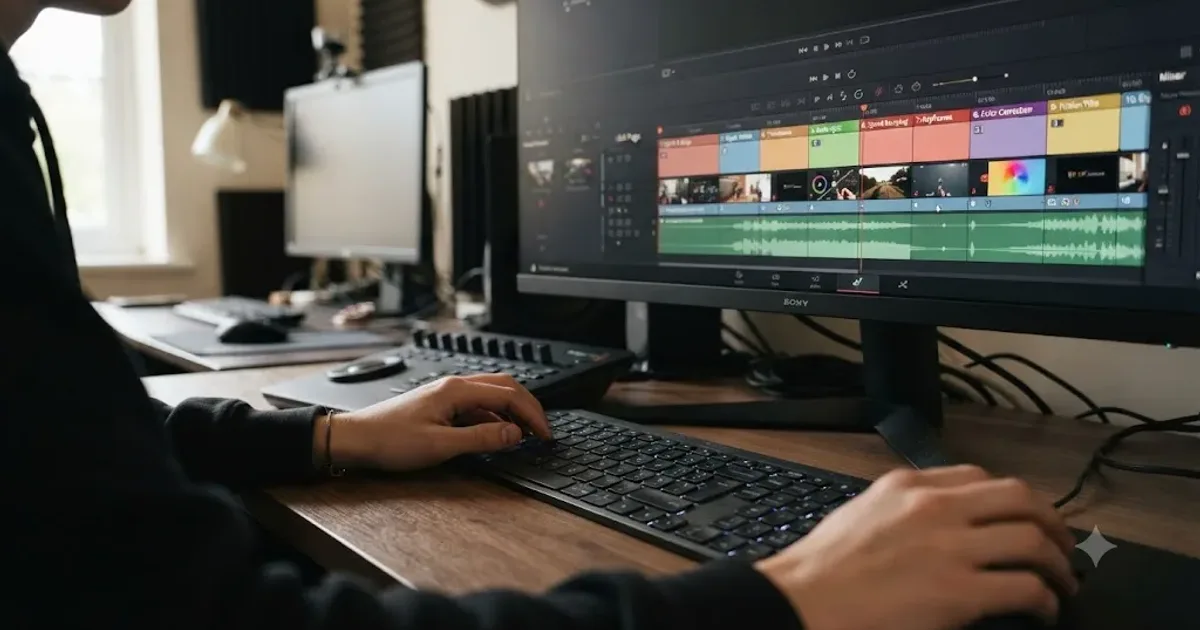 Illustration of a beginner's hands on a keyboard in front of a DaVinci Resolve timeline broken into small labeled practice drills