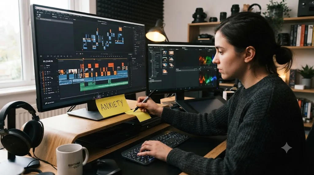 Illustration of a person writing a target emotion on a sticky note beside a DaVinci Resolve timeline being edited to match it