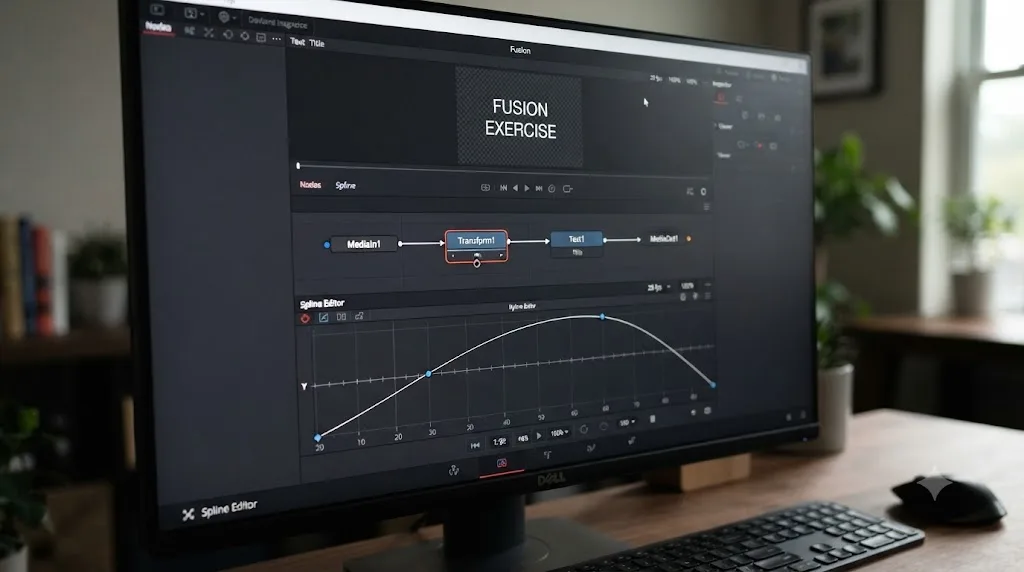 Illustration of a DaVinci Resolve Fusion node graph with a Text+ node connected to a Transform node showing two keyframes