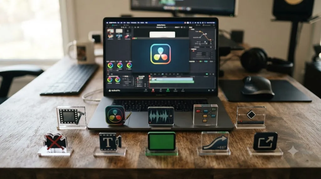 Illustration of ten small icons representing different DaVinci Resolve practice drills arranged in a grid