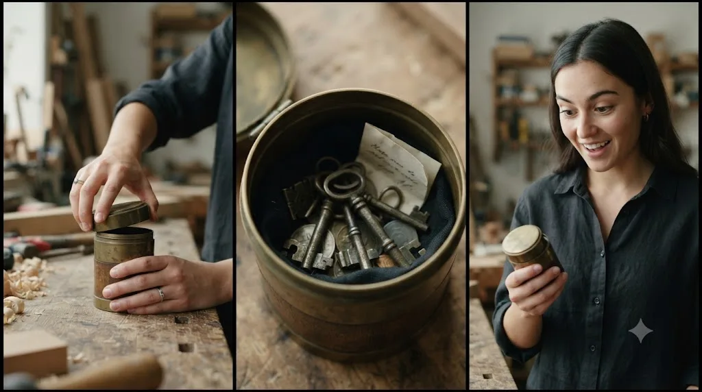 Illustration of a three-panel storyboard showing a container opening, a cutaway to its contents, and a reaction shot