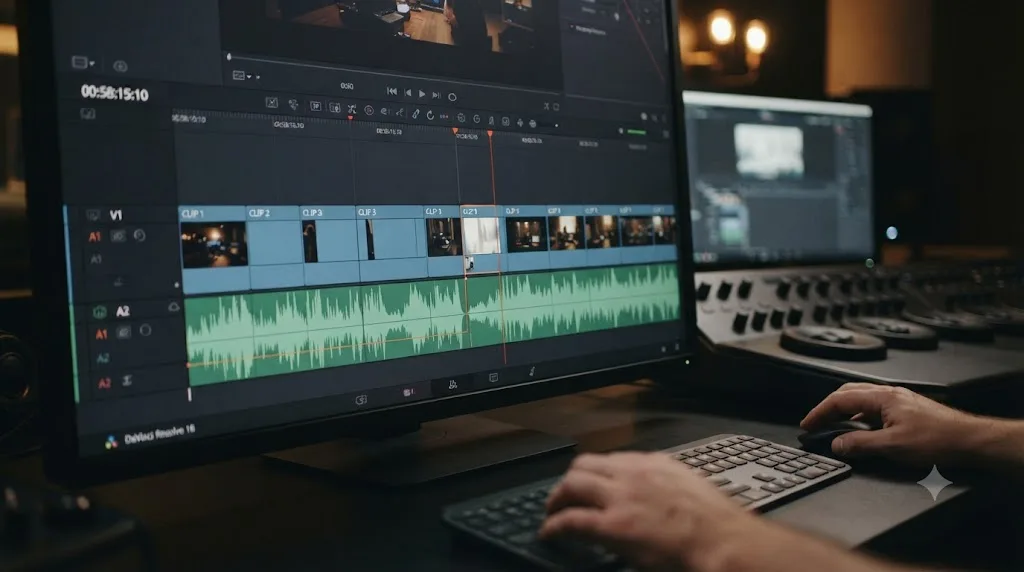 Illustration of a DaVinci Resolve timeline with video clips cutting on music waveform peaks and one highlighted J-cut transition