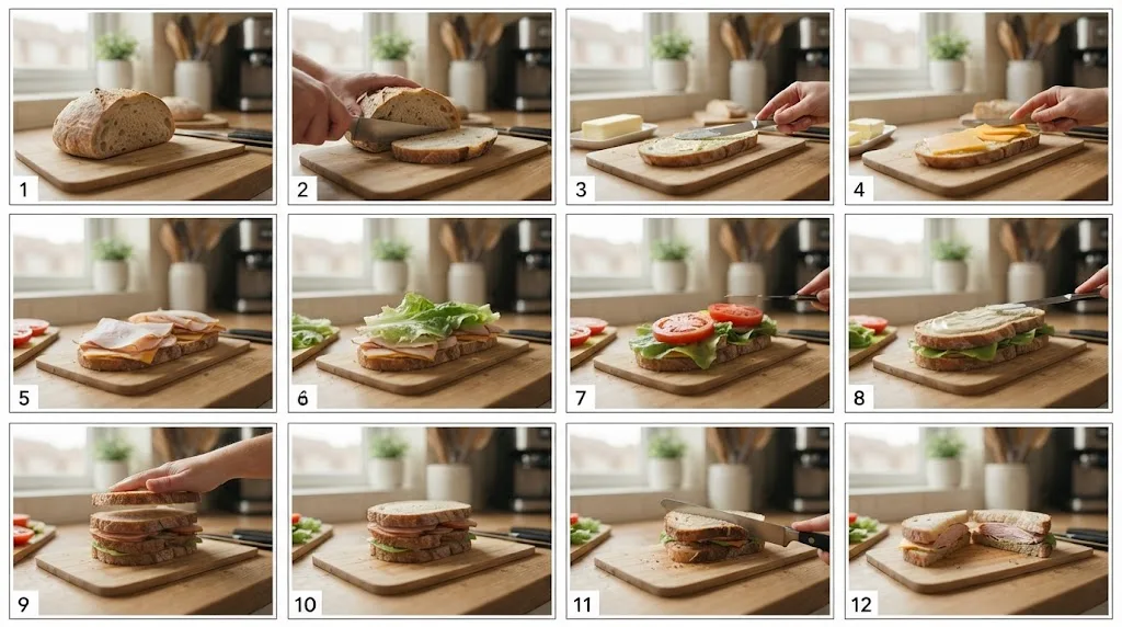 Illustration of a kitchen counter scene broken into numbered storyboard cards showing the steps of making a sandwich