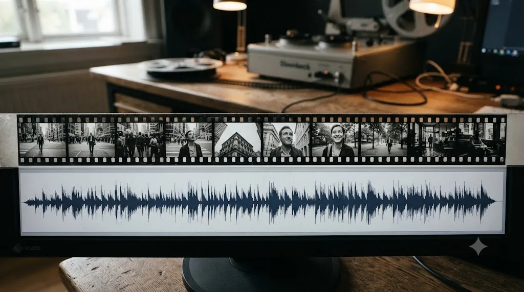 Illustration of a ten-panel filmstrip showing equal-length clips laid against a single continuous audio waveform
