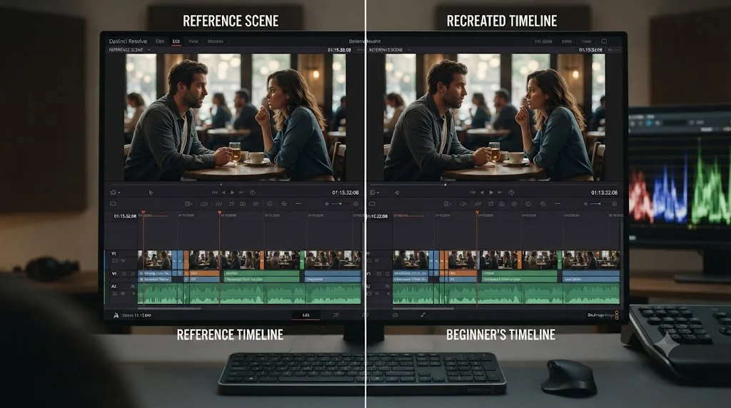 Illustration of a split screen comparing a reference film scene's shot pattern to a recreated timeline with matching shot lengths