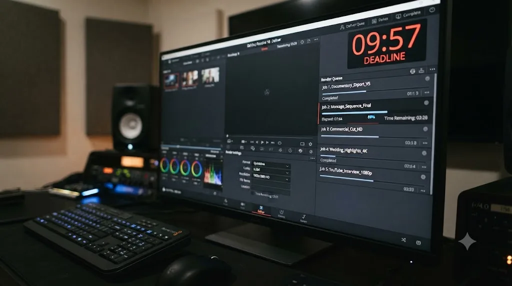 Illustration of a DaVinci Resolve Deliver page render queue with a countdown timer overlay set to ten minutes