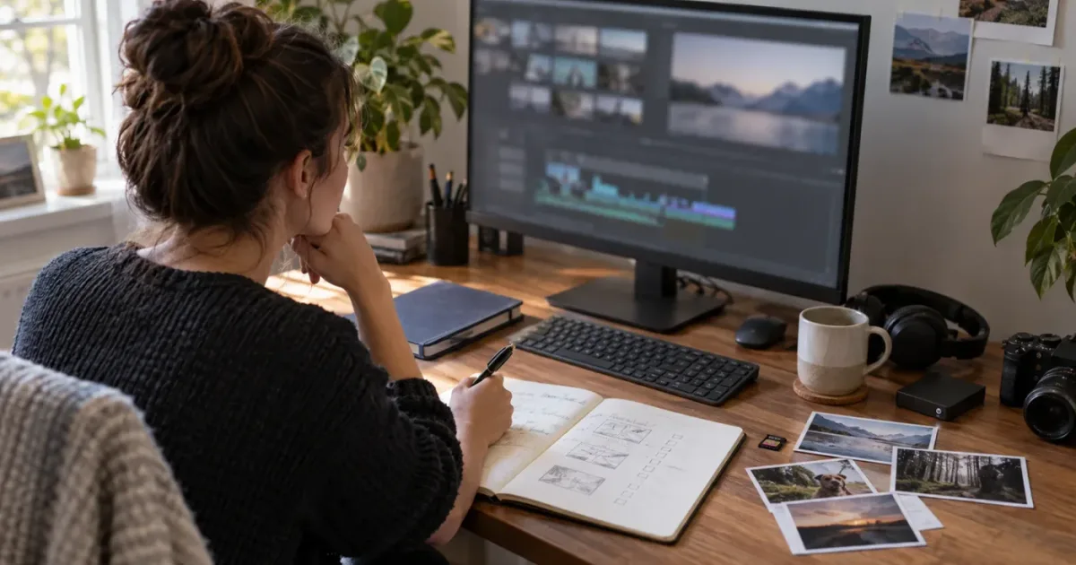 Illustration of a beginner turning a DaVinci Resolve course into a finished practice edit