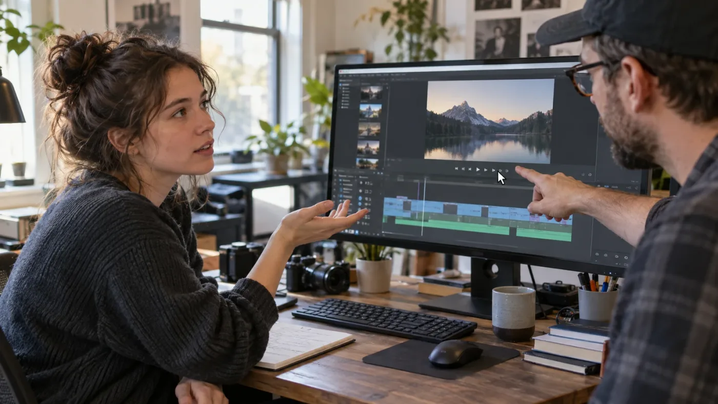 Illustration of an on-screen assistant guiding a DaVinci Resolve practice project