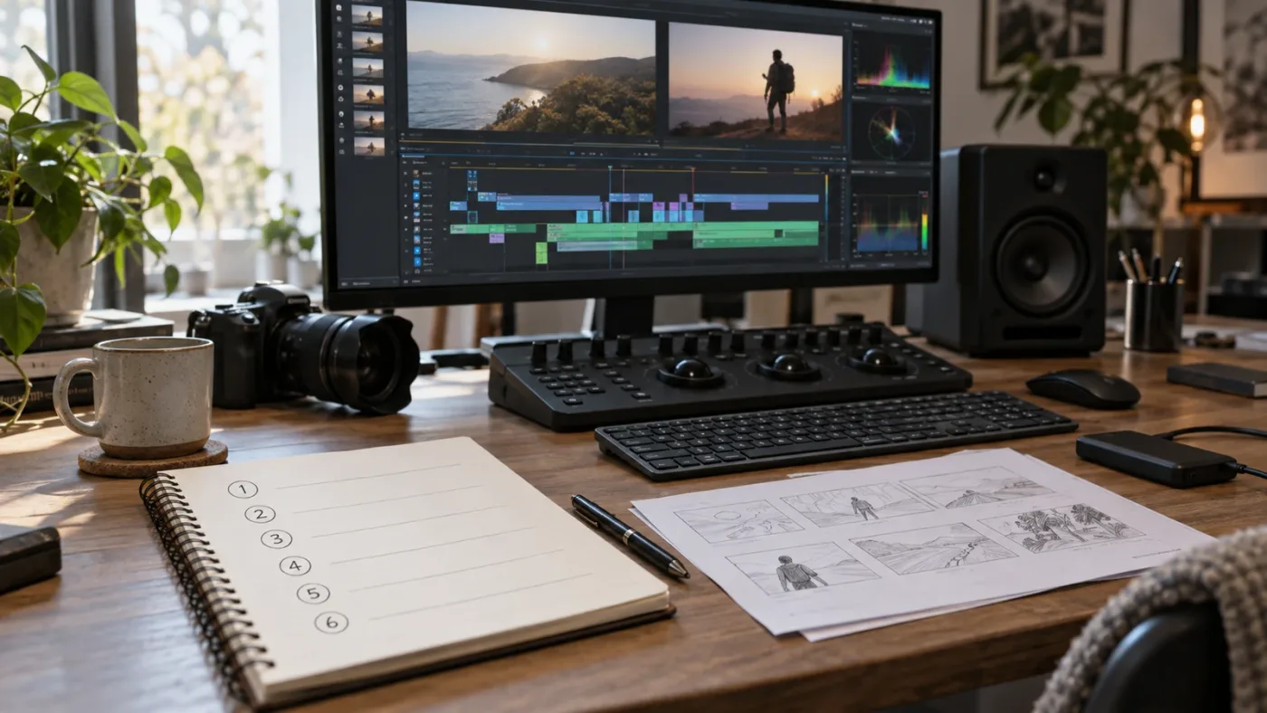 Illustration of a six-step DaVinci Resolve practice workflow
