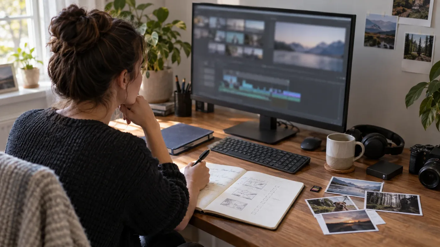 Illustration of a beginner starting a DaVinci Resolve practice project after a course