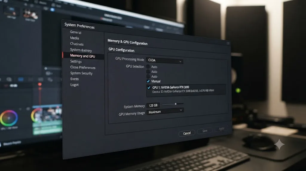 Illustration of the DaVinci Resolve Memory and GPU preferences panel with a dedicated GPU manually selected instead of Auto