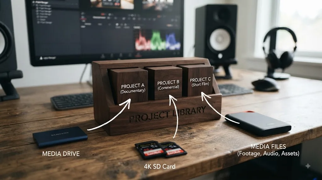 Illustration of a DaVinci Resolve Project Library containing projects that reference separate media files