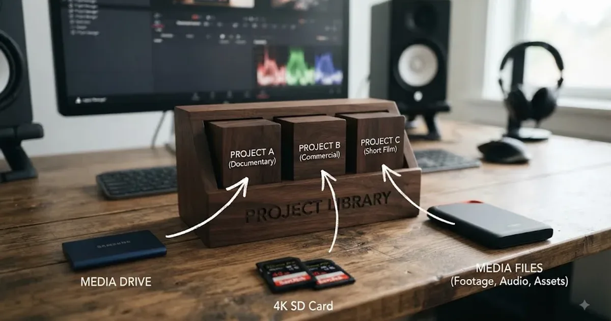 Illustration of a DaVinci Resolve Project Library containing multiple editing projects