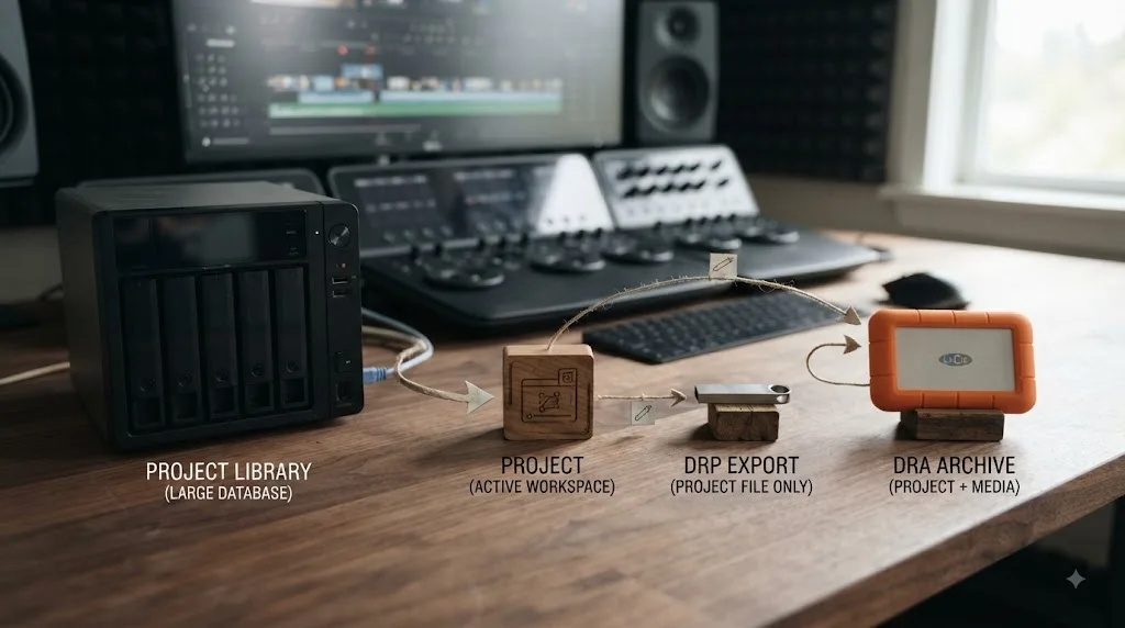 Illustration of the difference between a DaVinci Resolve Project Library, project, DRP file, and DRA archive