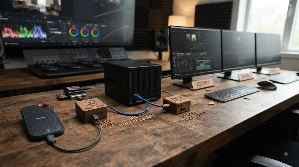 Illustration of external SSD and NAS roles for DaVinci Resolve media and Project Libraries
