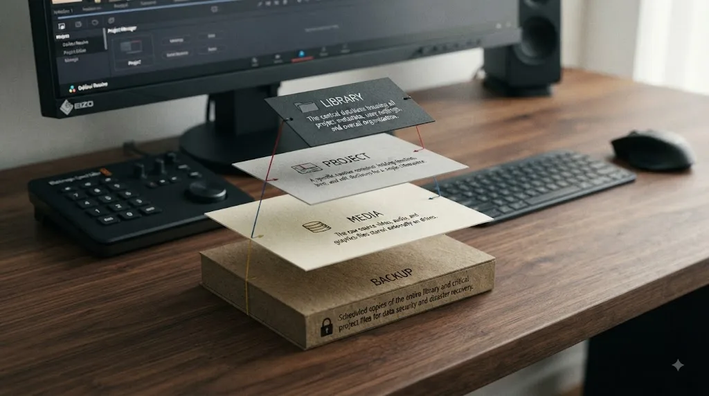 Illustration of the four-layer DaVinci Resolve project management model: library, project, media, and backup