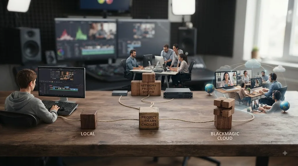Illustration of Local, Network, and Blackmagic Cloud Project Library choices in DaVinci Resolve