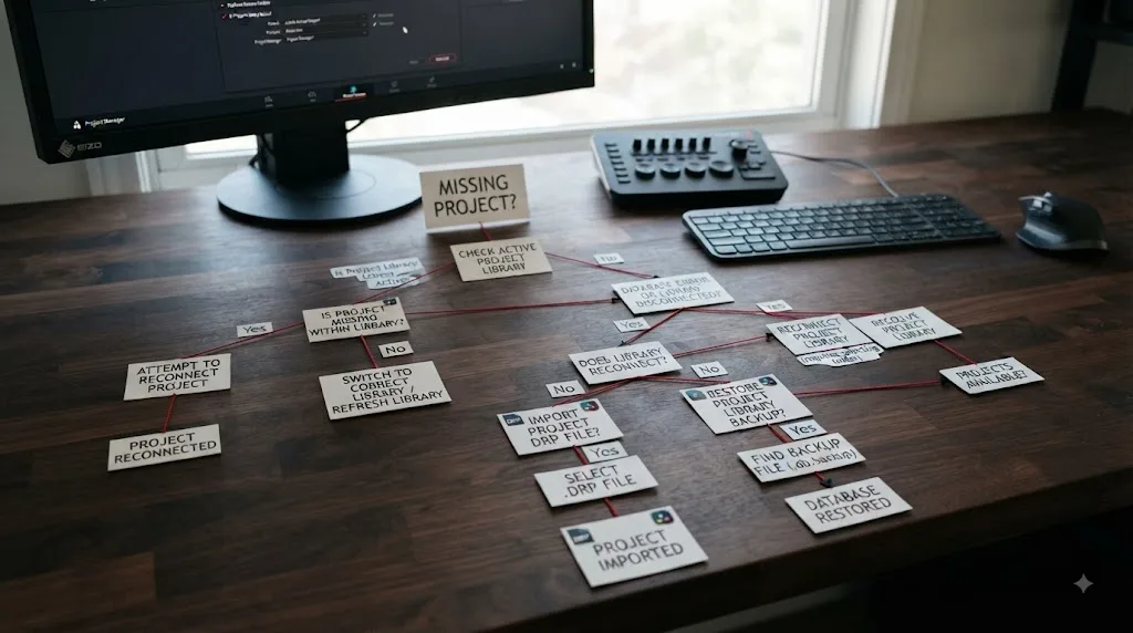 Illustration of a DaVinci Resolve missing project troubleshooting decision tree