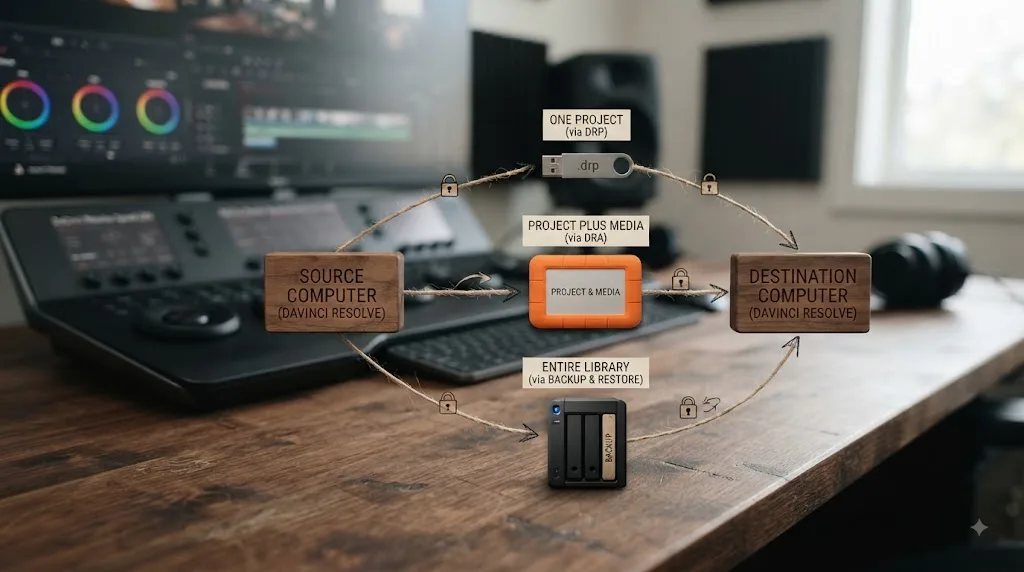 Illustration of moving DaVinci Resolve projects and Project Libraries between computers