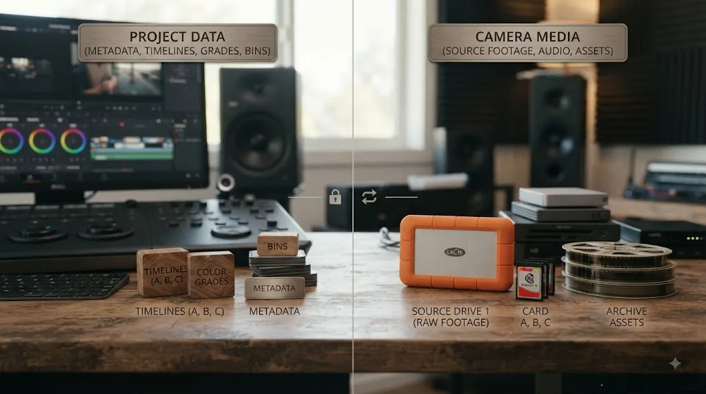 Illustration of project data stored in a DaVinci Resolve Project Library separately from source media