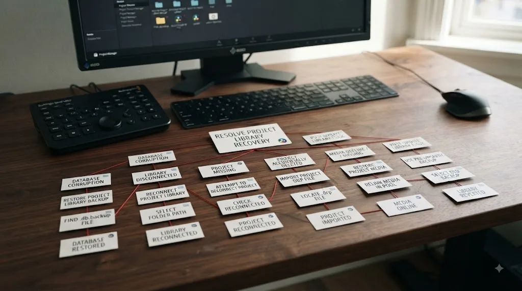 Illustration of DaVinci Resolve Project Library recovery paths for common failures