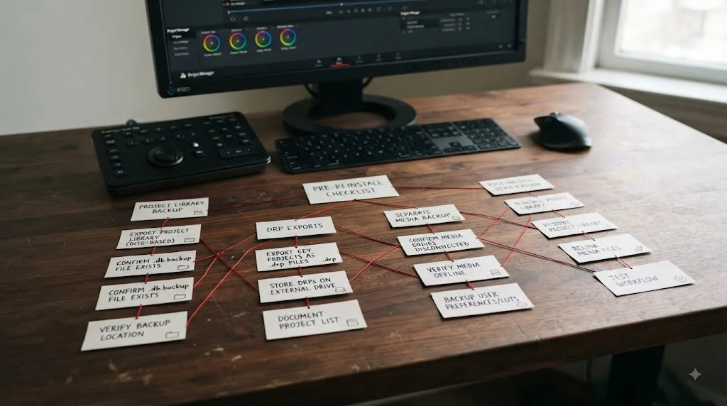 Illustration of a DaVinci Resolve backup checklist before reinstalling macOS or Windows