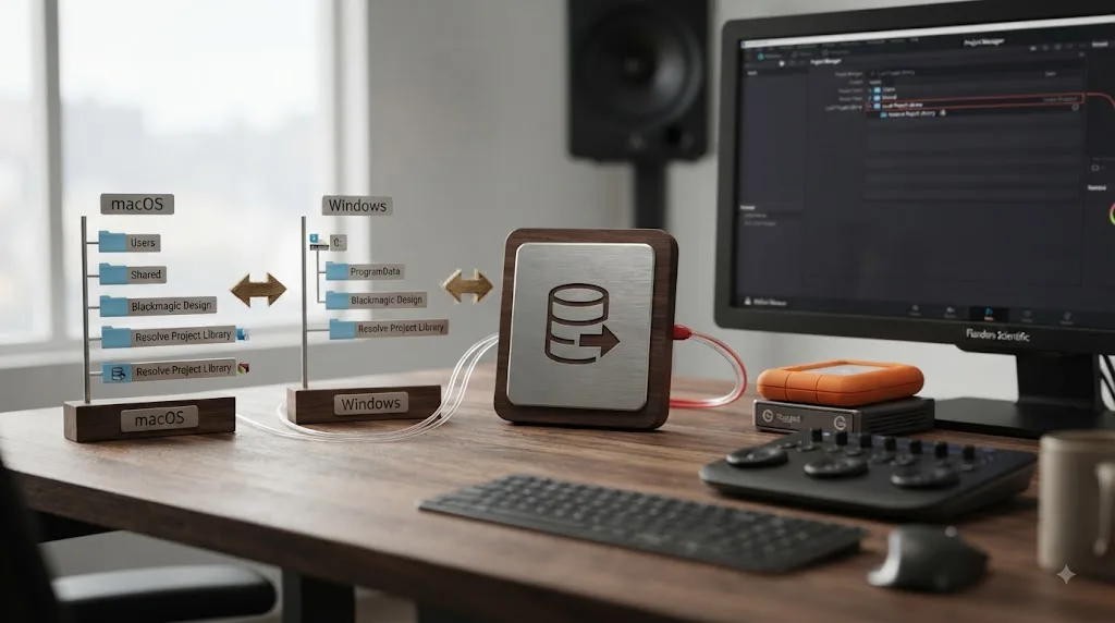 Illustration of locating a DaVinci Resolve Local Project Library on macOS and Windows