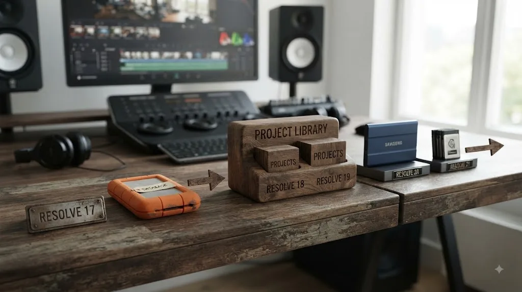 Illustration of the DaVinci Resolve terminology change from database to Project Library