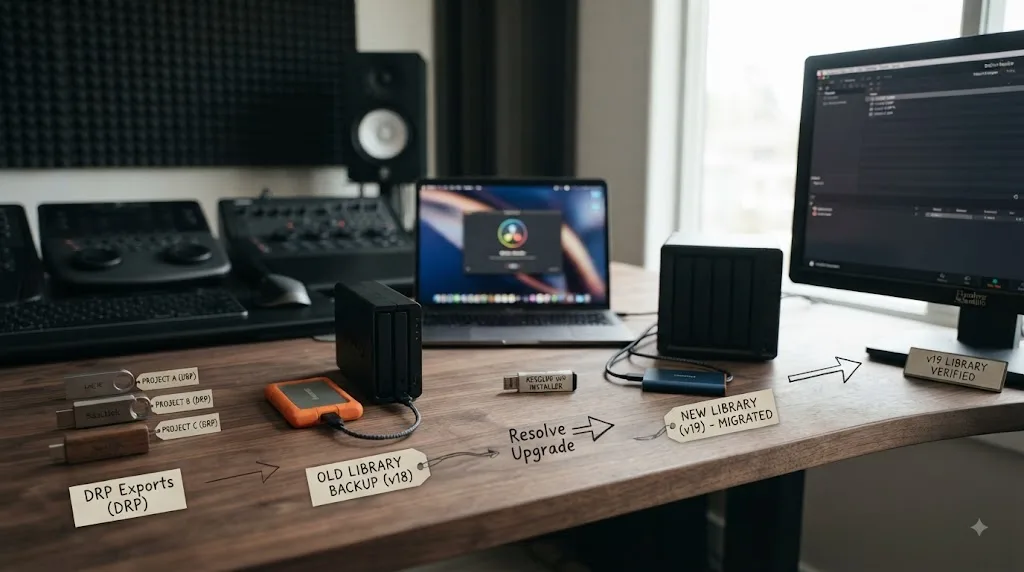 Illustration of a safe DaVinci Resolve Project Library upgrade workflow