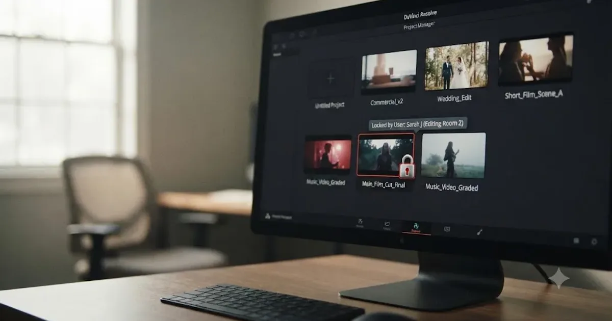 Illustration of a DaVinci Resolve Project Manager grid with a padlock icon over a single project thumbnail while a magnifying glass hovers over a database record