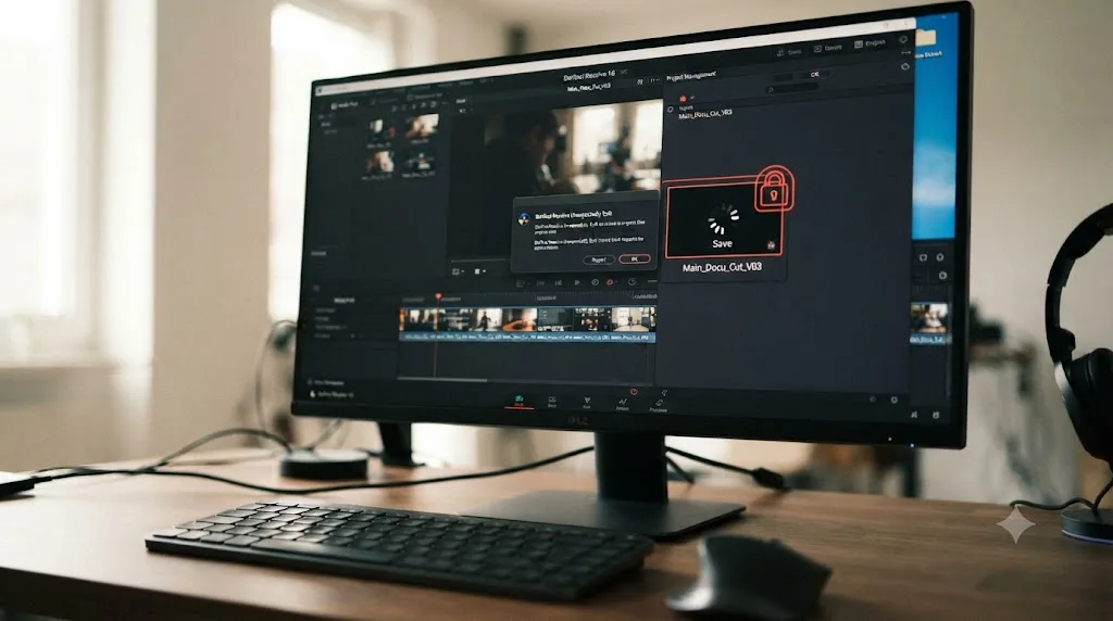 Illustration of a DaVinci Resolve session crashing mid-save, leaving a padlock icon stuck on the project record