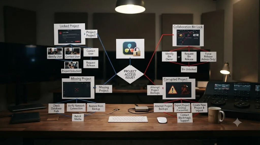 Illustration of a decision flowchart distinguishing a locked DaVinci Resolve project from a missing, corrupted, or collaboration-locked one