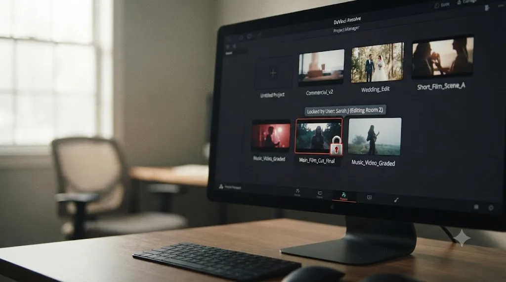 Illustration of a DaVinci Resolve Project Manager grid showing a padlock badge over a single locked project thumbnail