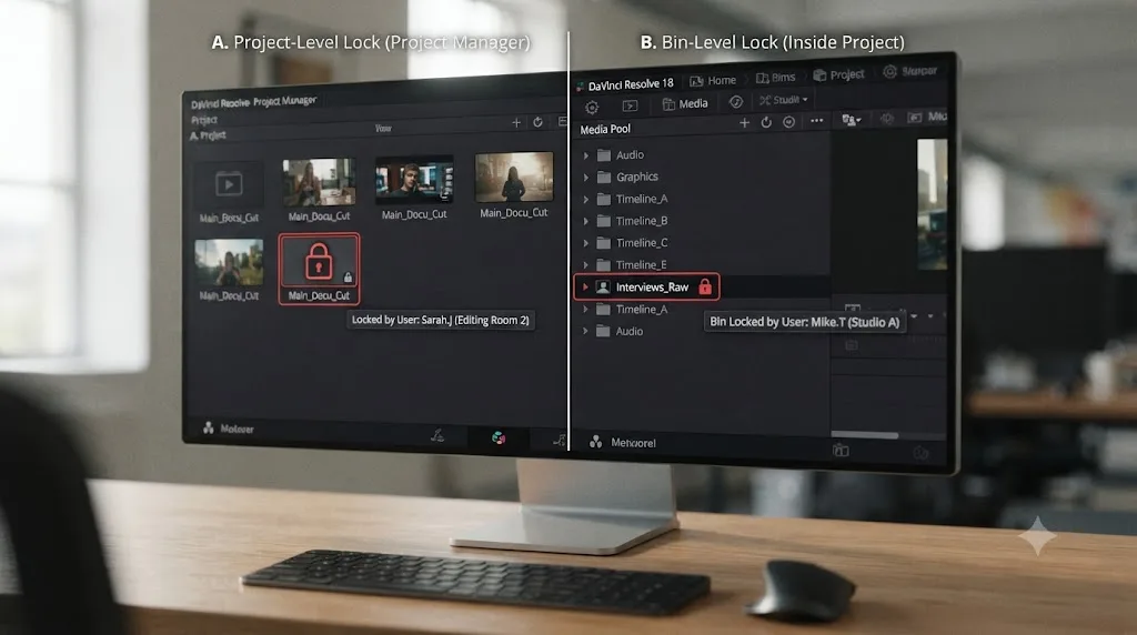 Illustration comparing a DaVinci Resolve project-level lock in Project Manager against a bin-level lock inside an open project