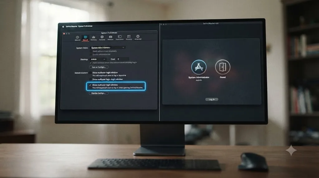 Illustration of DaVinci Resolve's System Preferences with the multiuser login window checkbox and the resulting admin and guest login screen