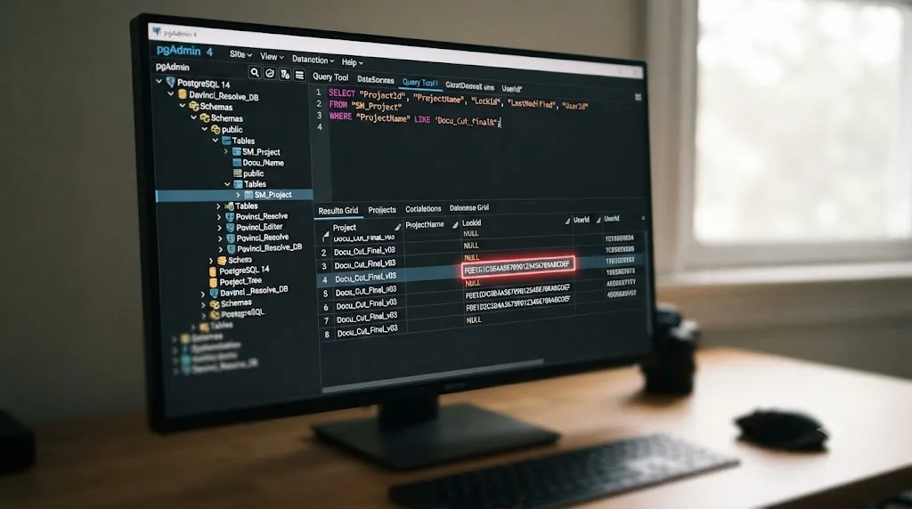 Illustration of a pgAdmin query against a DaVinci Resolve project database showing a locked project's LockId field