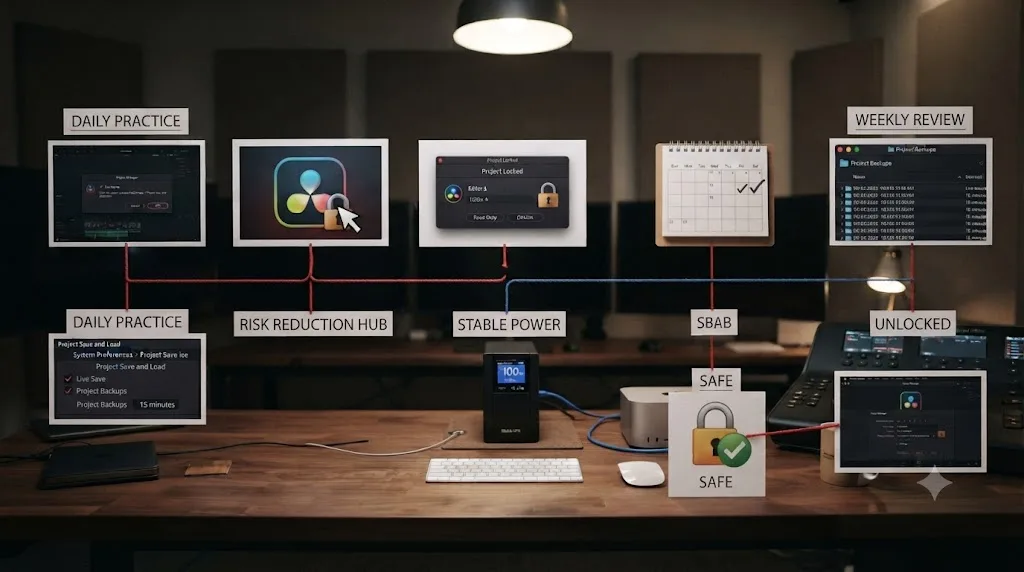 Illustration of a routine reducing DaVinci Resolve lock risk through clean quits, backups, and a UPS