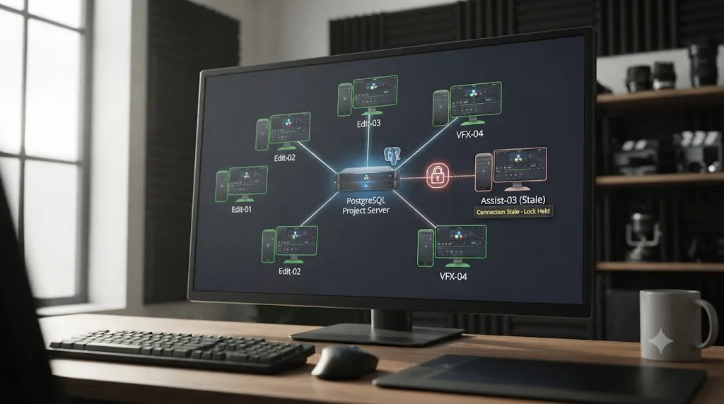 Illustration of multiple DaVinci Resolve workstations connected to a PostgreSQL Project Server, with one stale connection holding a project lock