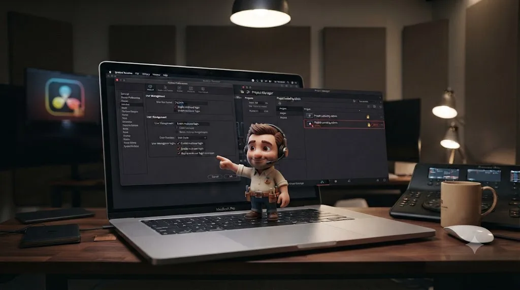 Illustration of the TryUncle assistant pointing at DaVinci Resolve's System Preferences and Project Manager showing the multiuser login setting