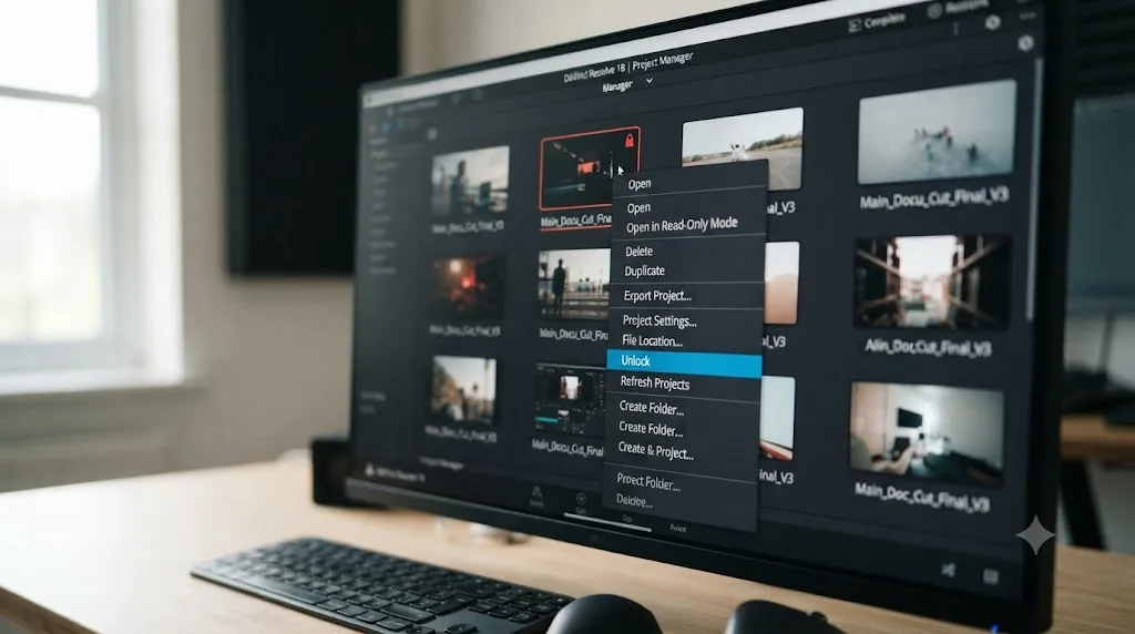 Illustration of a DaVinci Resolve Project Manager right-click menu showing the Unlock option on a locked project