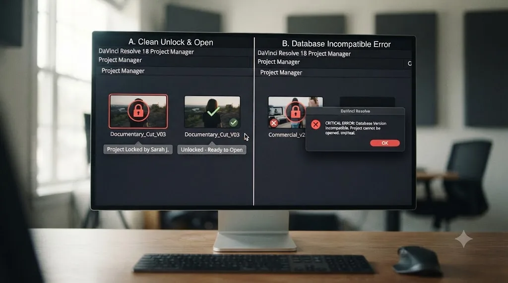 Illustration comparing a DaVinci Resolve locked project that opens once unlocked against a corrupted project that throws a database error